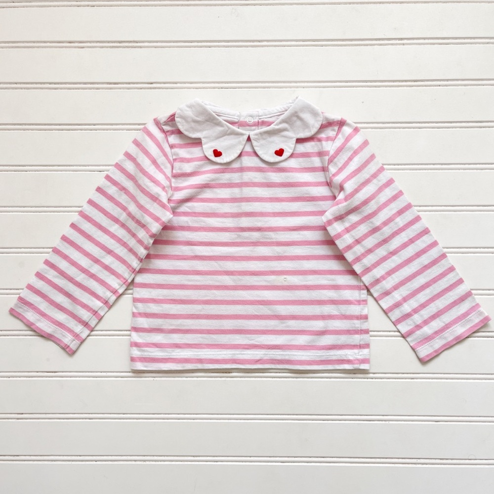 JACADI PARIS Pink Striped Embroidered Heart Scalloped Collar Layering Blouse